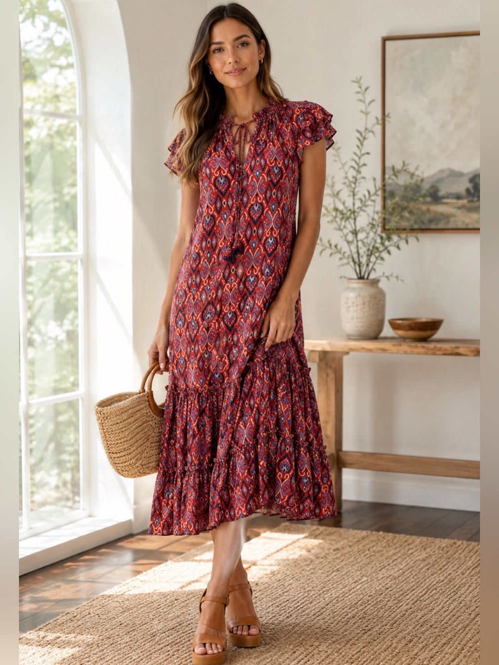 STS Sail to Sable Red Ikat Ruffle Neck Tiered Midi Dress M